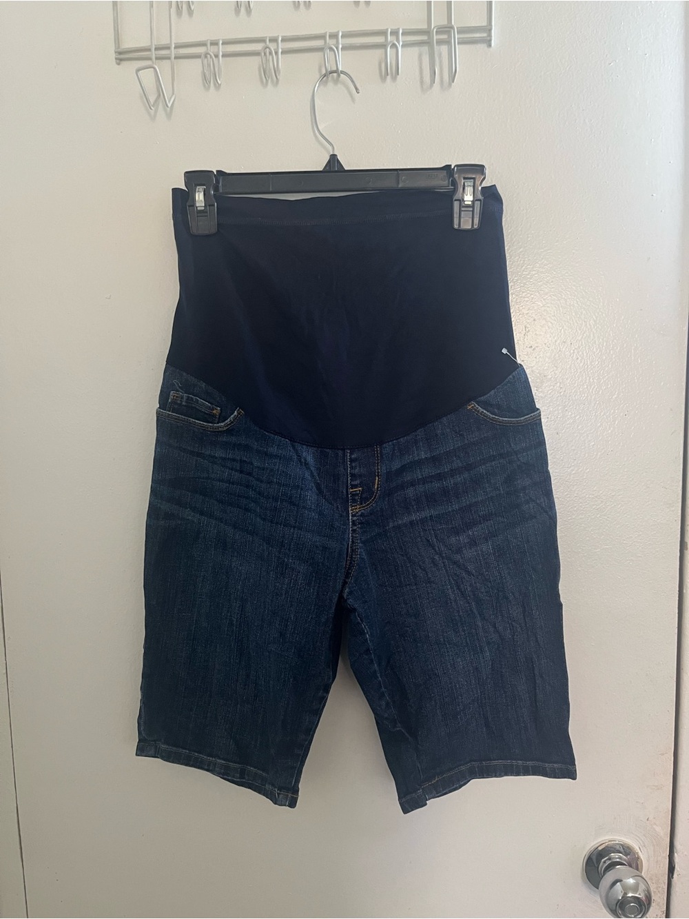 Liz Lange Dark Blue Denim Maternity Shorts with Black Support Panel